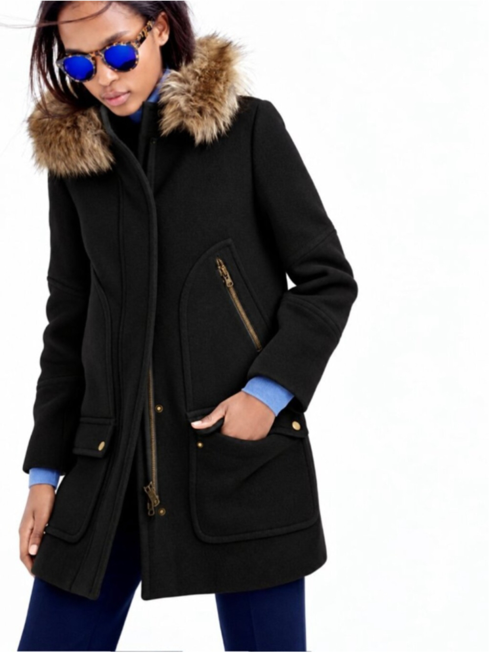 J. CREW Chateau Parka Italian Stadium Cloth Wool Pea Coat Black Gold Sz 8 Winter
